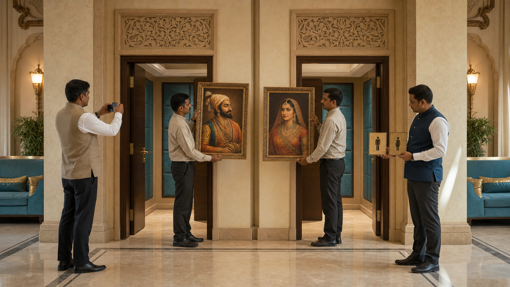Venue staff respectfully remove framed portraits of a historical warrior-king and queen from a wall beside washroom entrances while a representative documents the correction.