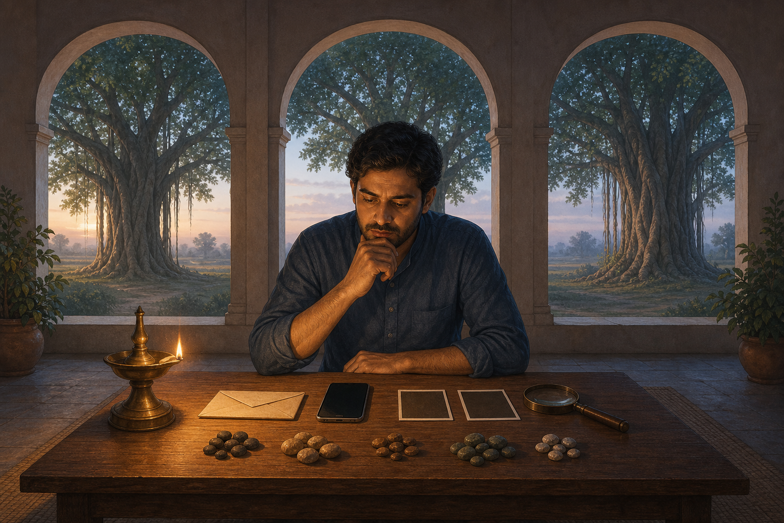 A person pauses over several pieces of evidence at a low table while three archways show the same banyan tree from different angles.