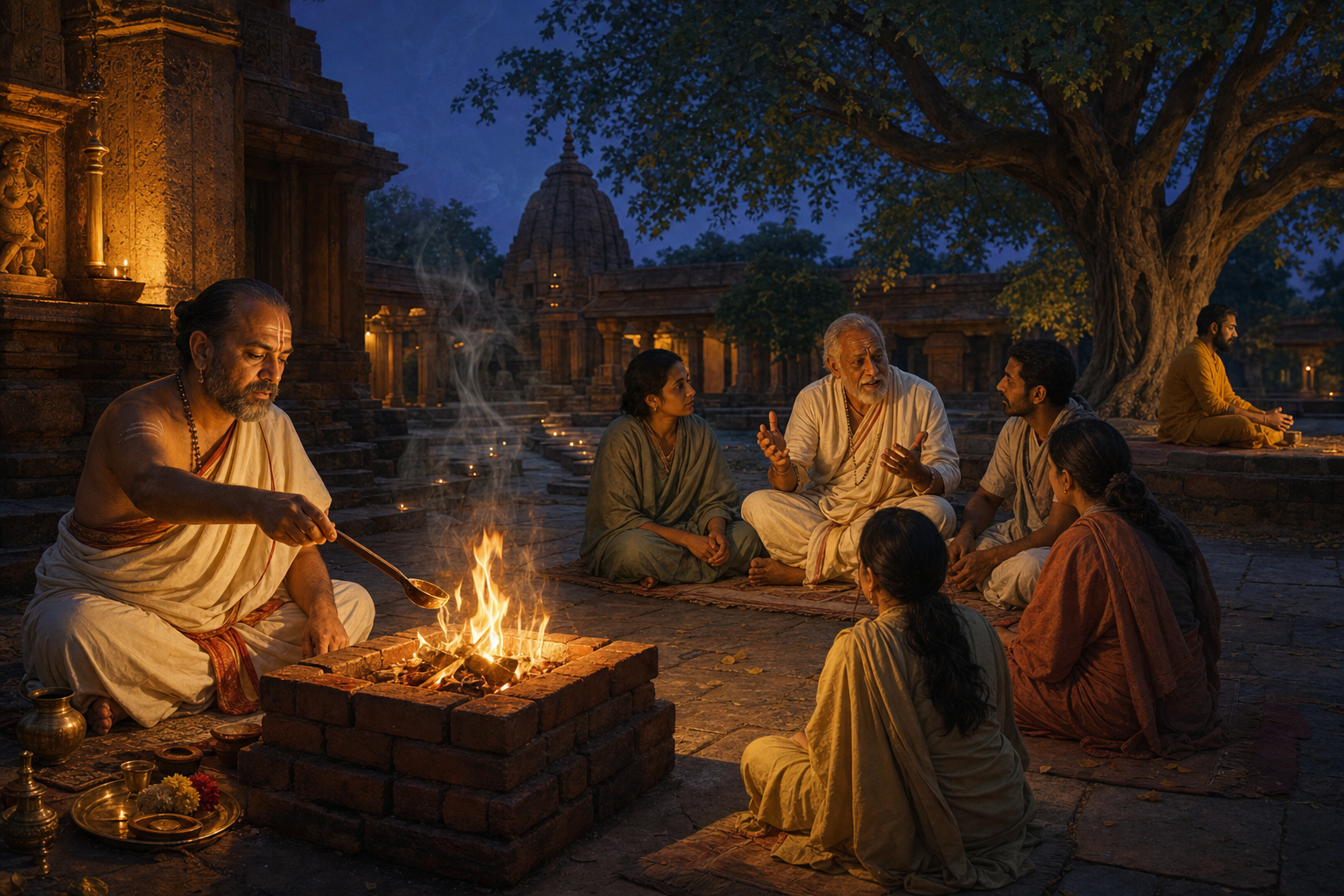 A priest tends a small fire altar while people listen to an elder in a temple courtyard and another person meditates beneath a tree.