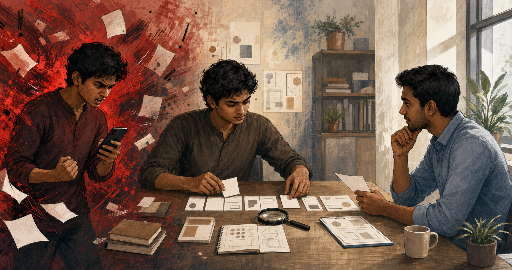 A young Indian citizen moves from an agitated phone post to arranging evidence at a desk while another person prepares to respond.