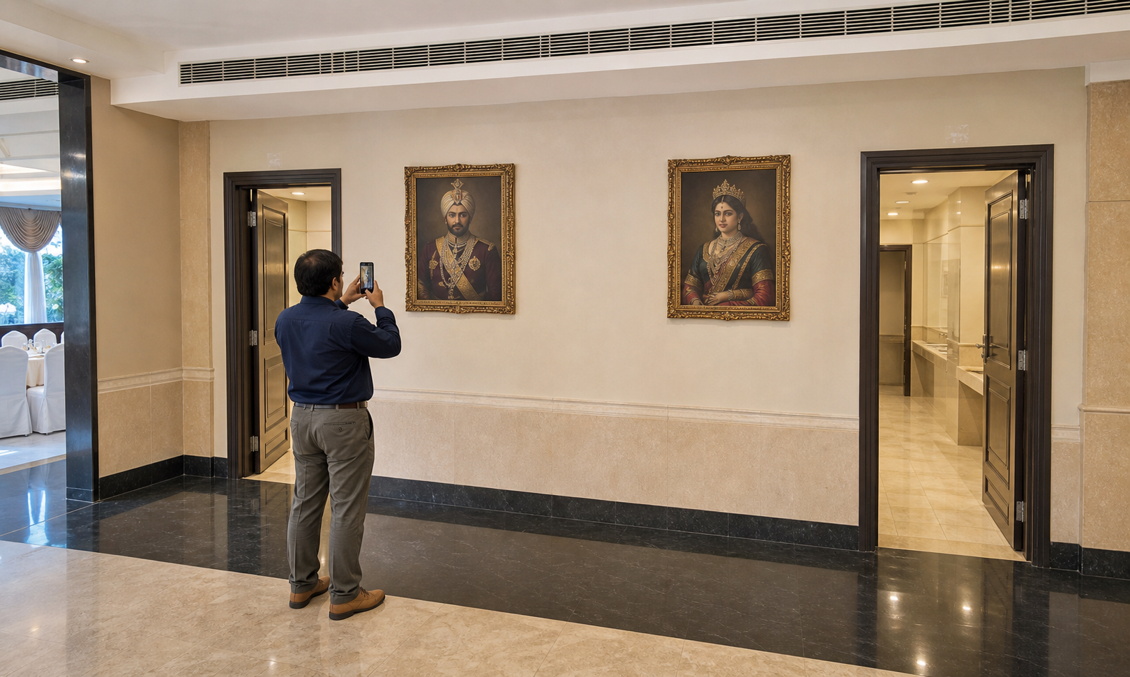 An observer photographs the full corridor context around two framed royal portraits positioned near washroom entrances.