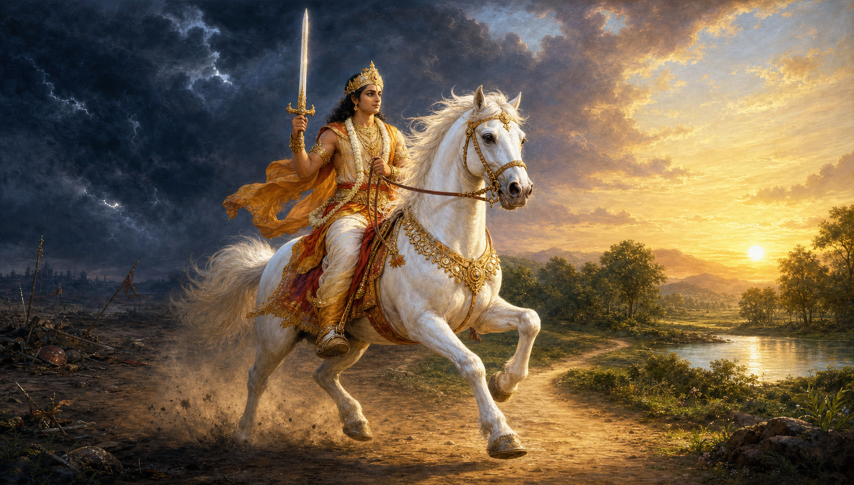 Kalki guides the white horse Devadatta from a storm-darkened landscape toward a peaceful dawn while holding a raised sword under control.