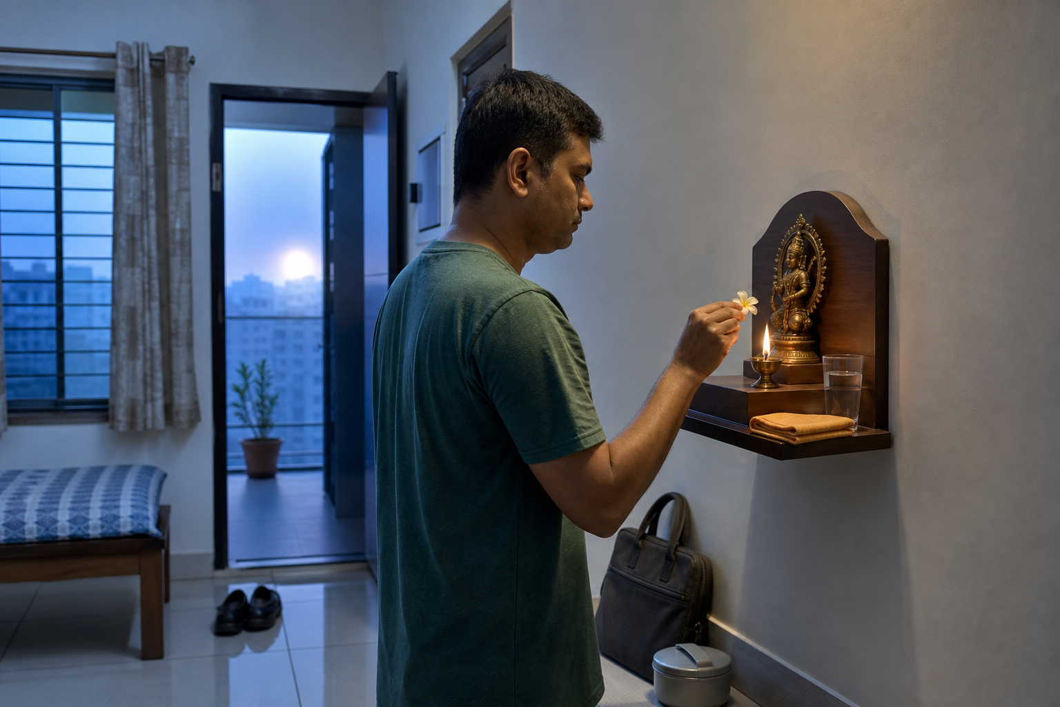 A householder offers one flower at a compact apartment shrine before beginning the day, with shoes, a work bag, and a lunch container nearby.