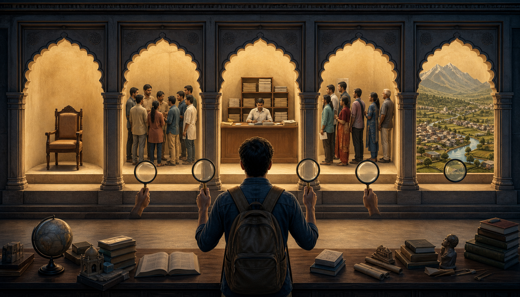 A student examines five separate alcoves containing an empty chair, campaign volunteers, a service counter, voters, and an Indian landscape.