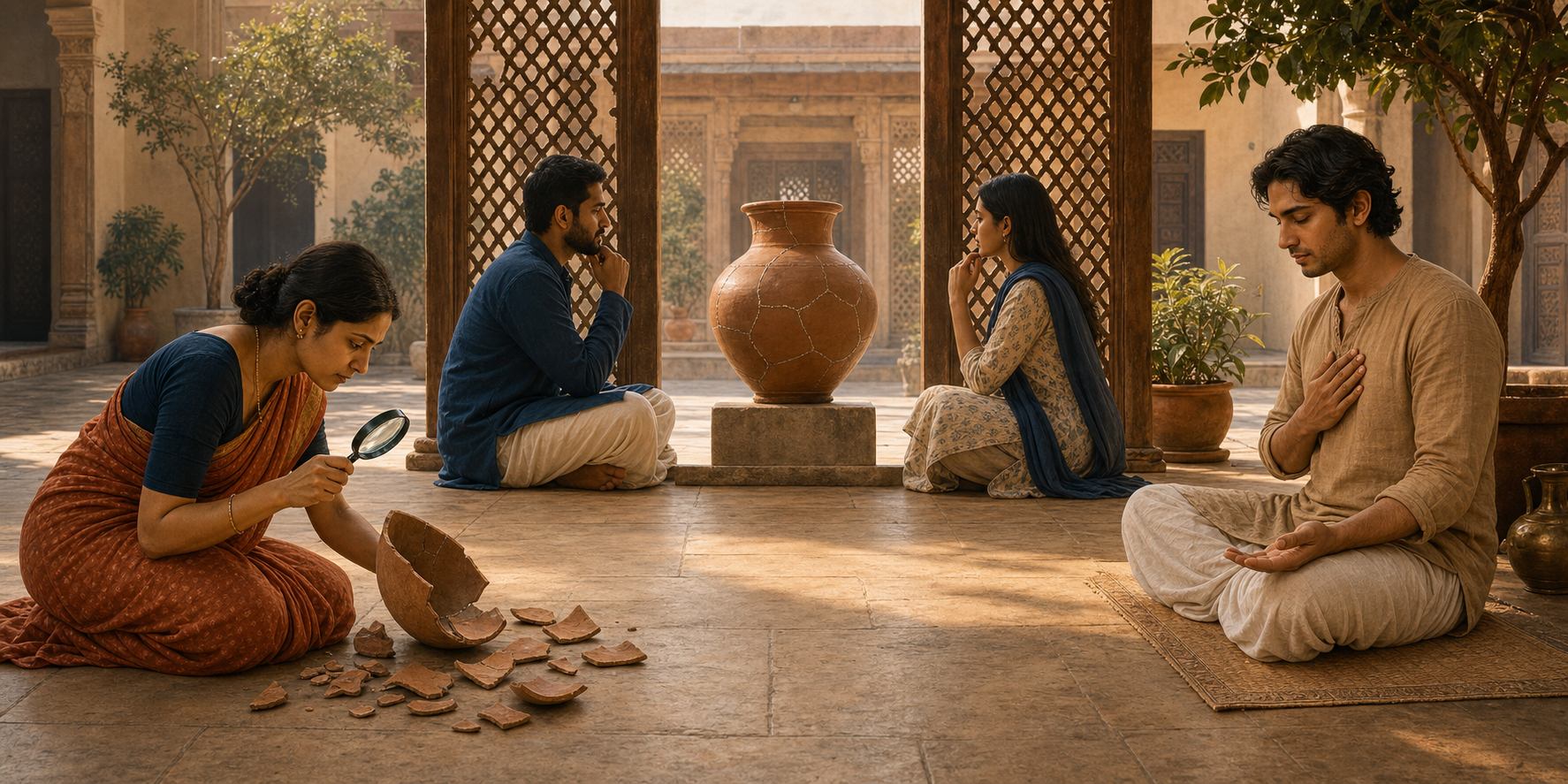 Three people examine clay vessel fragments, observe the vessel from opposite sides, and pause for self-reflection in a shared courtyard.
