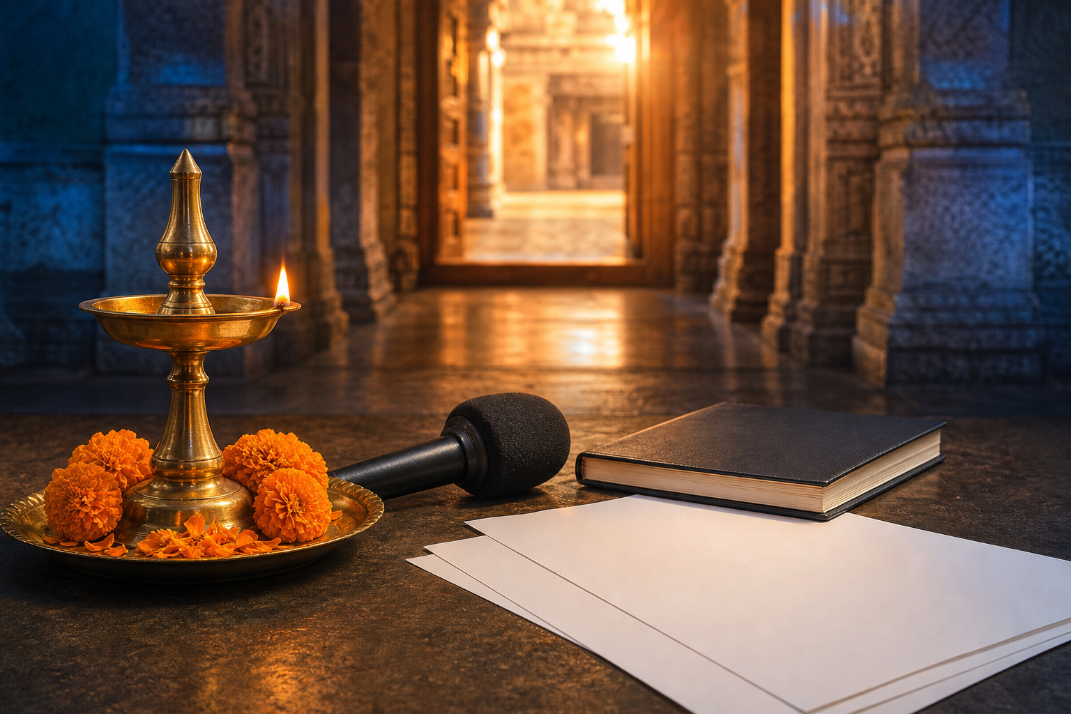 A lit brass oil lamp and marigold petals sit beside a microphone, notebook, and blank papers, with a temple doorway softly visible behind them.