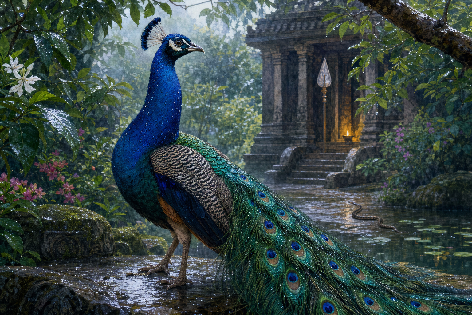 An alert blue-green peacock stands on rain-wet stone in a temple garden with flowers, water, and a small snake in the distant foliage.