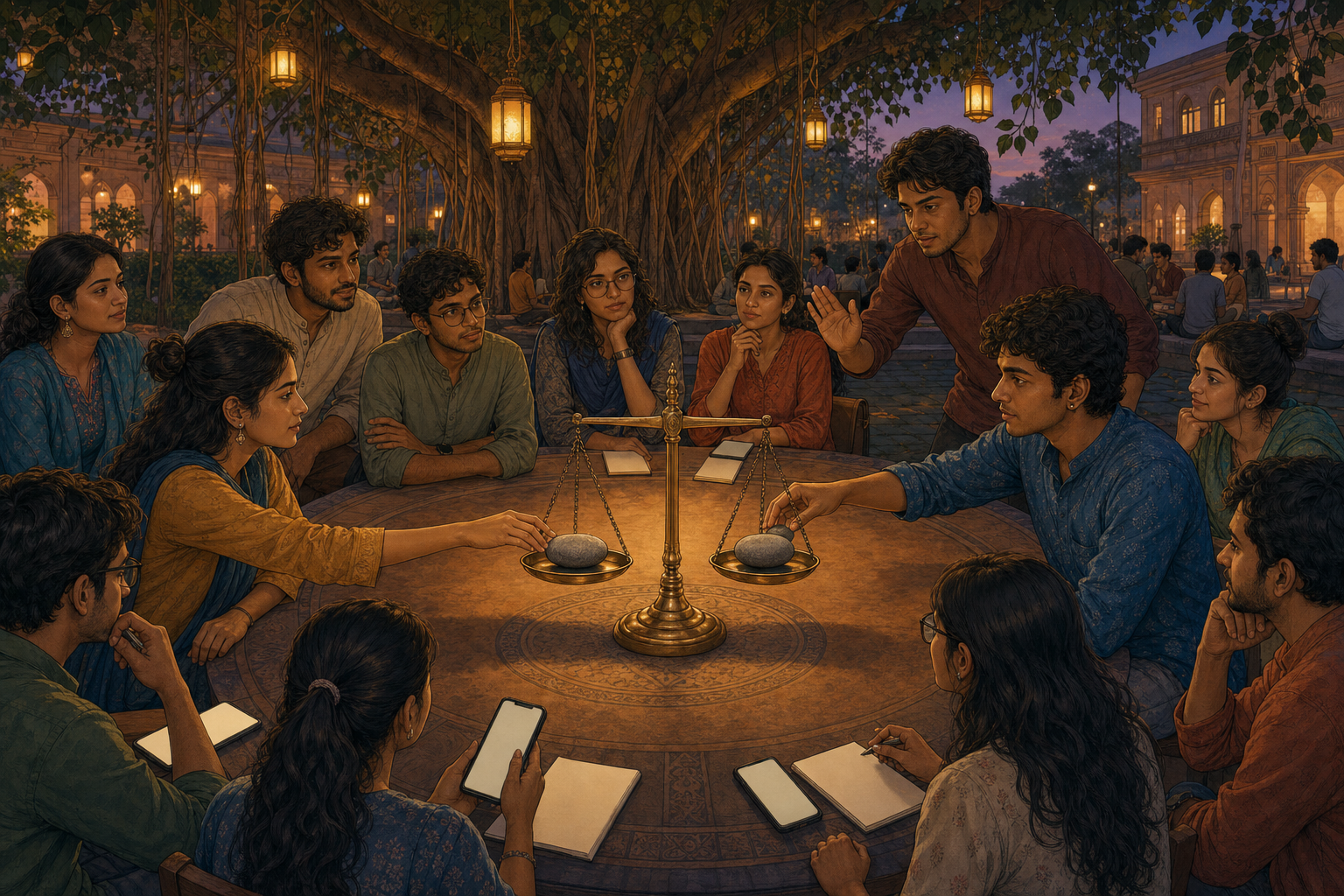 Two young Indian speakers place matching stones on a balanced scale while a campus discussion group listens beneath a banyan tree.
