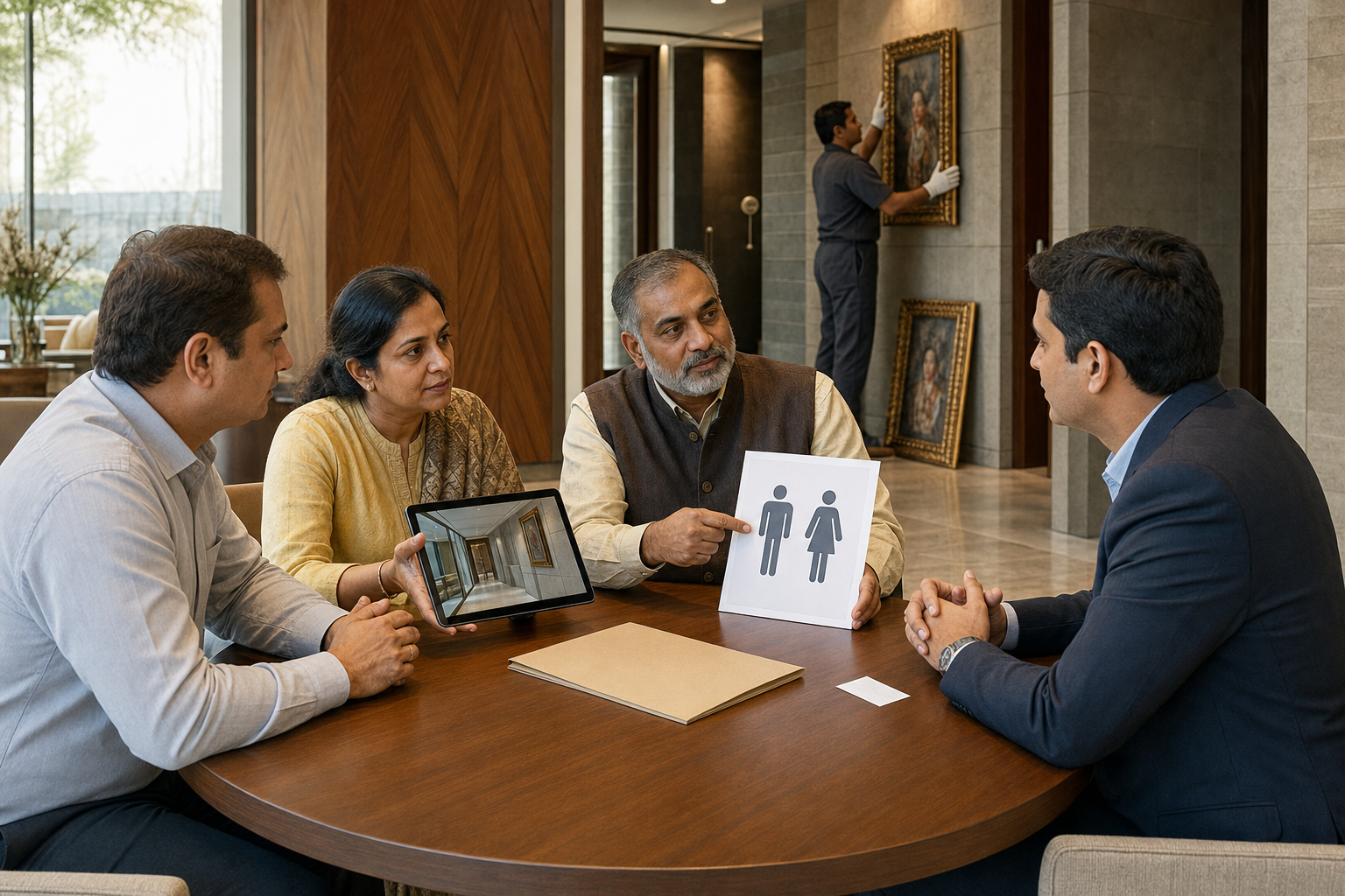 Community representatives present photographic evidence and neutral replacement symbols to a venue manager as portrait frames are removed in the background.