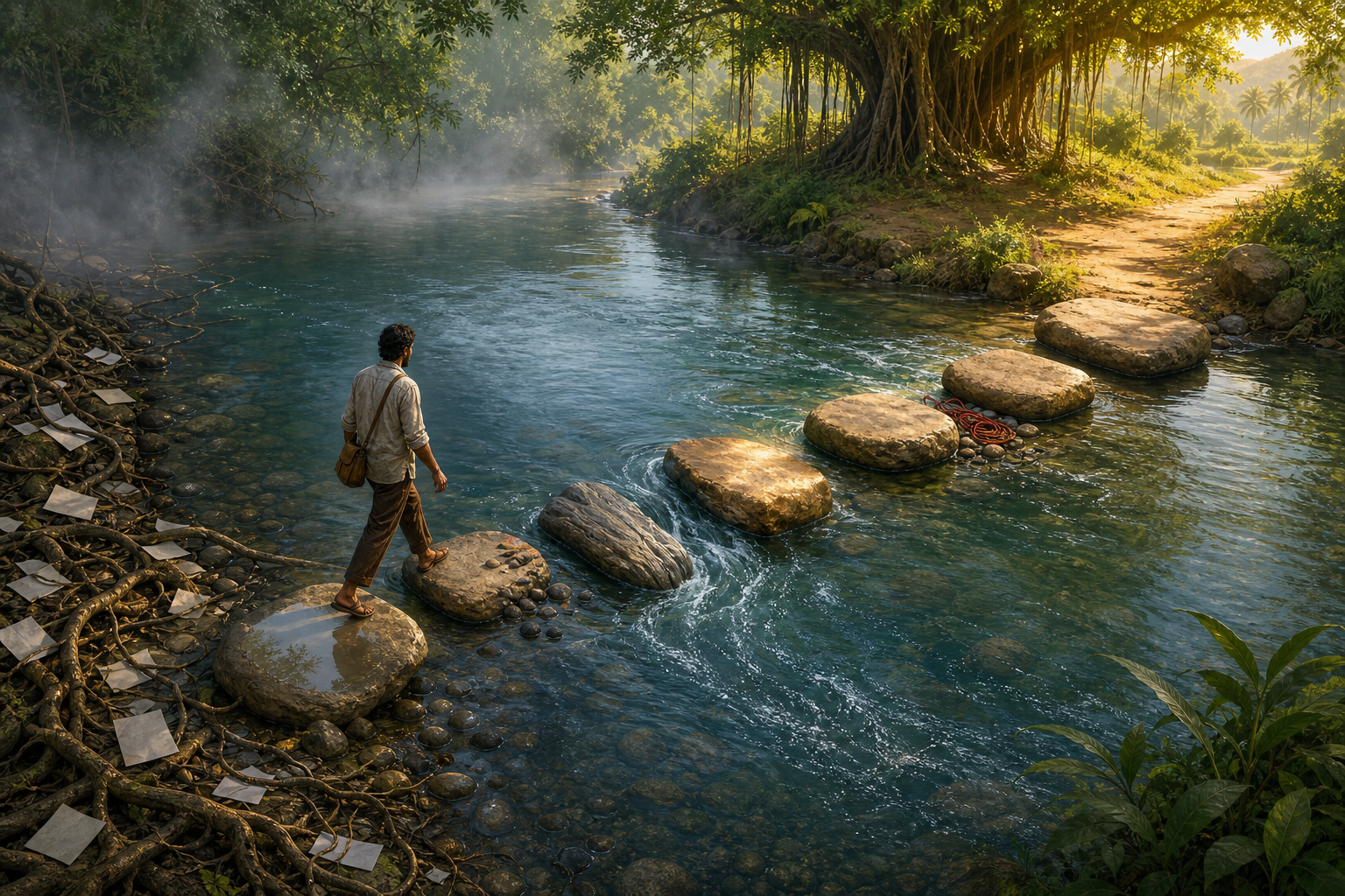A traveler crosses a shallow river on seven stepping stones from a misty, tangled shore toward a clear path under a banyan tree.
