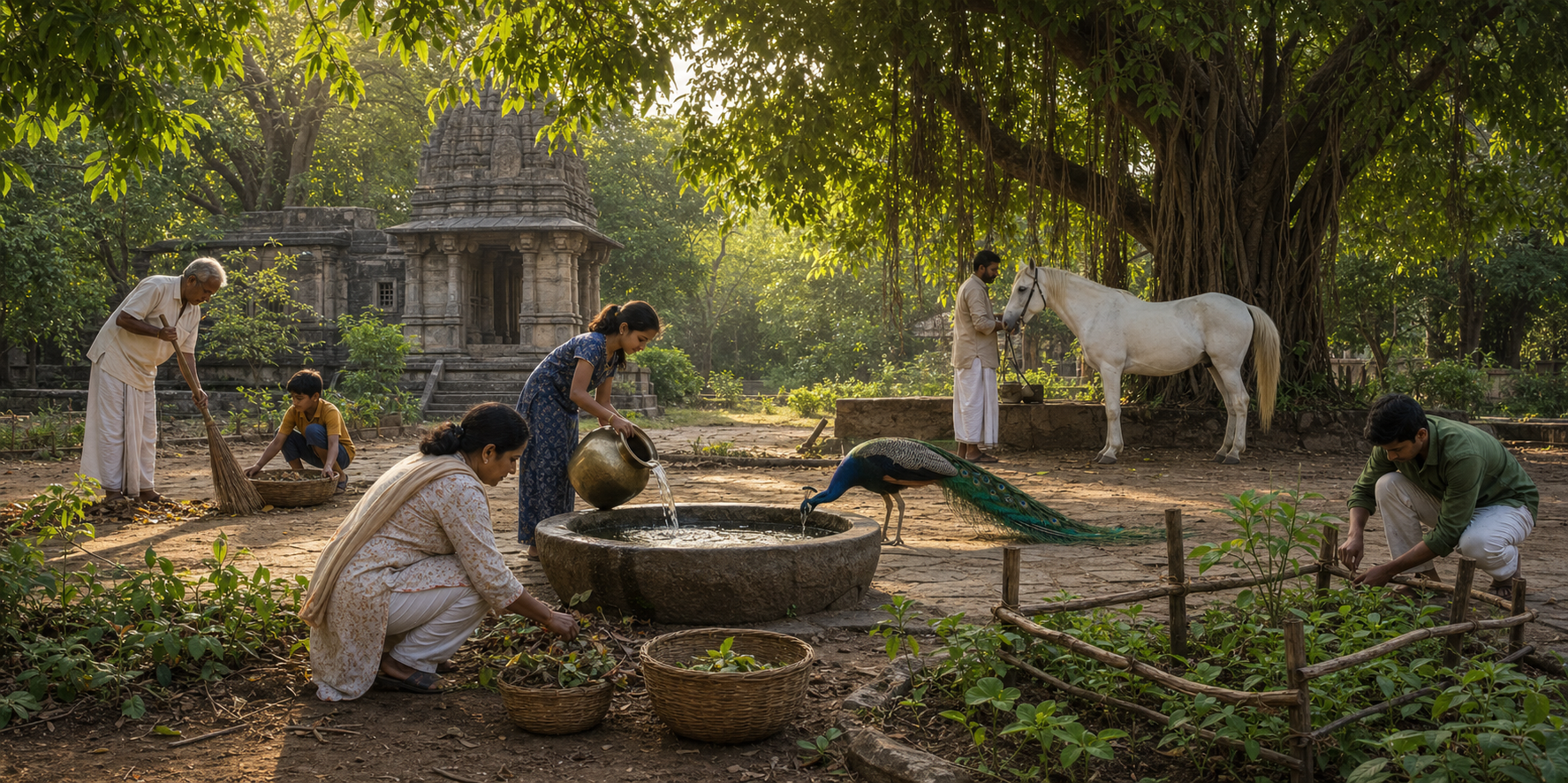 People care for a native garden and refill a stone water basin near a temple while a peacock drinks and a handler tends a white horse.