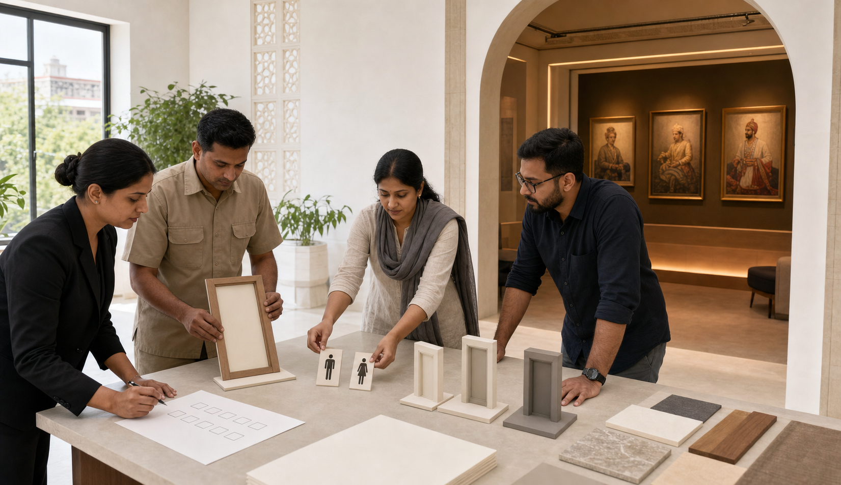 Venue staff review neutral restroom symbols and doorway mockups while keeping historical portrait studies in a separate exhibition area.