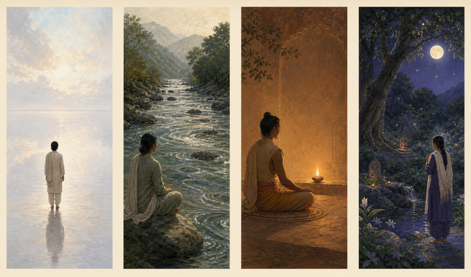 Four separate contemplative scenes show a mirror-like expanse, a flowing stream, a still flame, and a moonlit sacred grove.