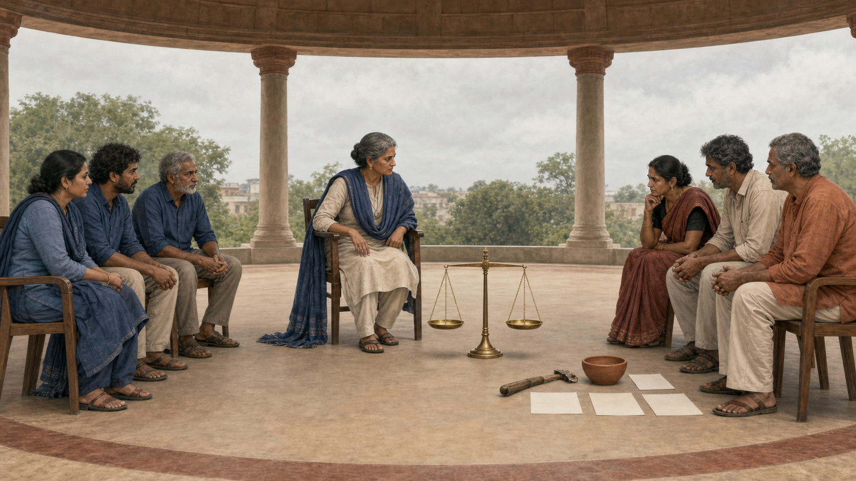 A mediator turns from a nearby group wearing the same color toward evidence offered by the opposite group, with a level balance scale between them.