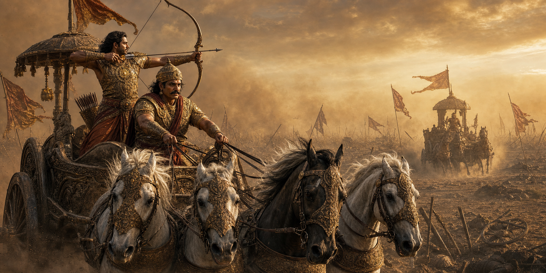 Karna draws his bow from a moving chariot while Shalya holds the reins on the dusty battlefield of Kurukshetra.