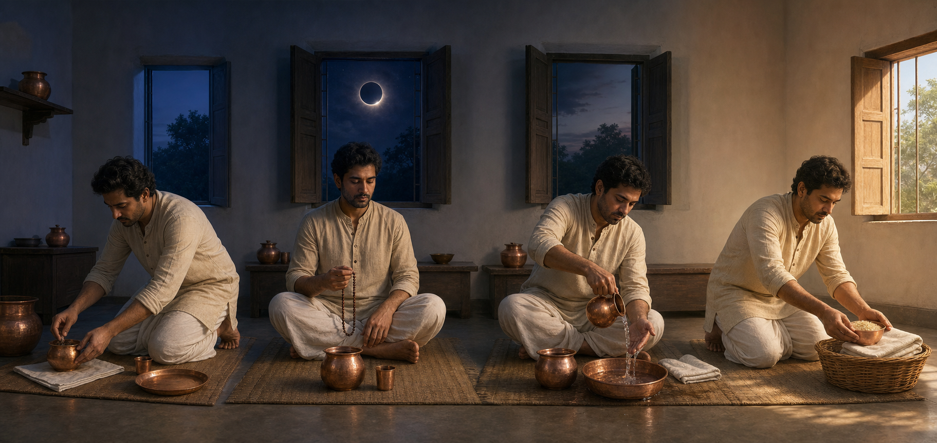 Four successive scenes show a practitioner preparing an observance space, using prayer beads during the eclipse, completing a water purification, and setting aside goods for donation.