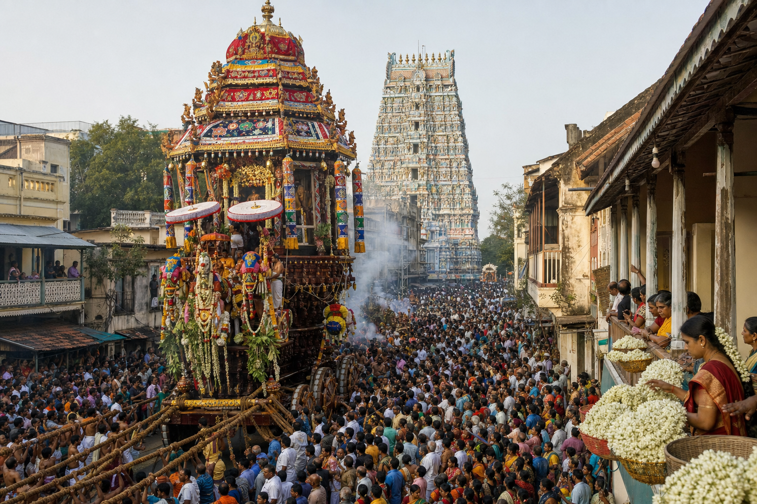 A decorated wooden temple chariot moves through a crowded Mylapore street with the Kapaleeswarar Temple gopuram behind it.