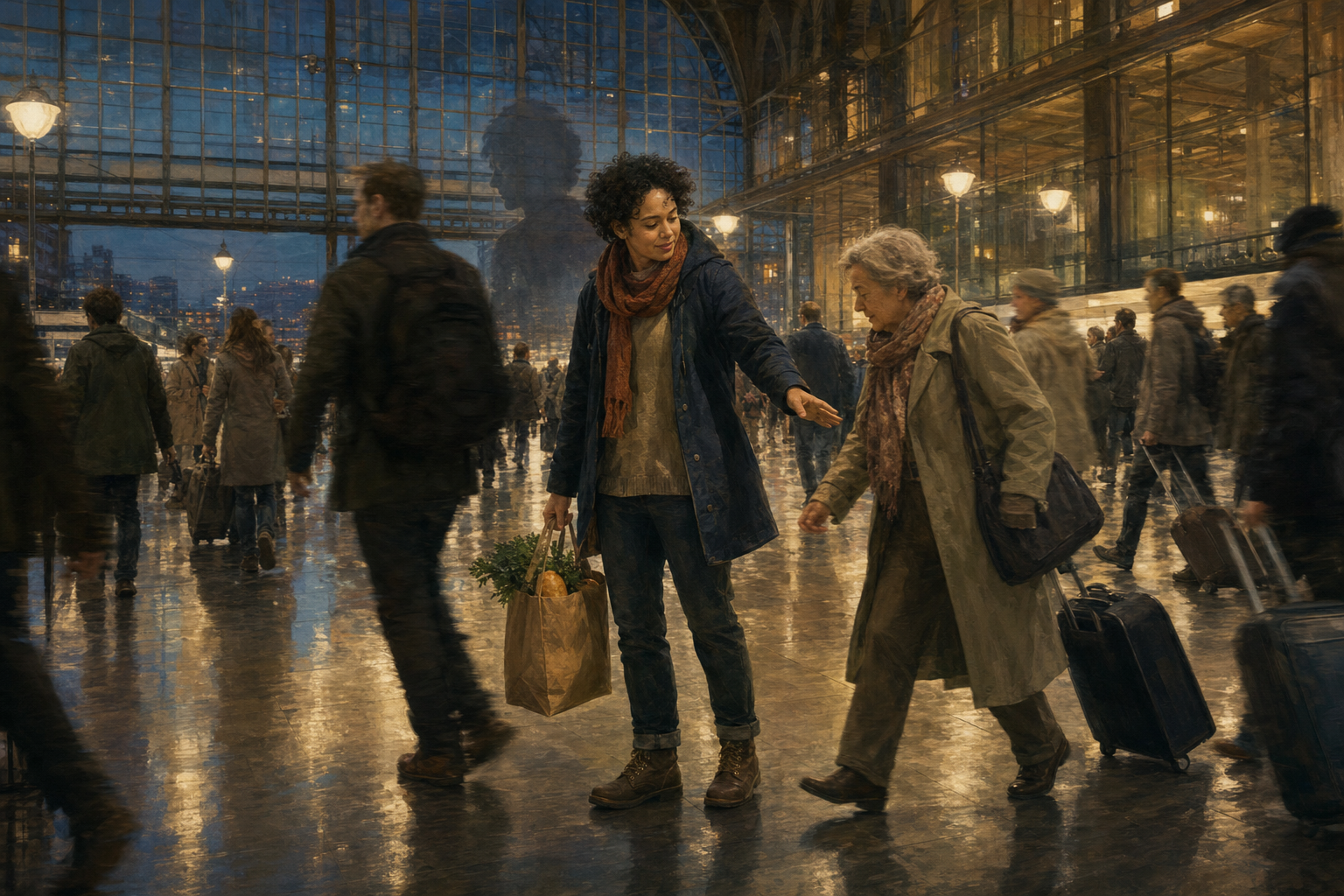A calm commuter carrying groceries makes room for an older passenger as people move through a softly lit railway concourse.