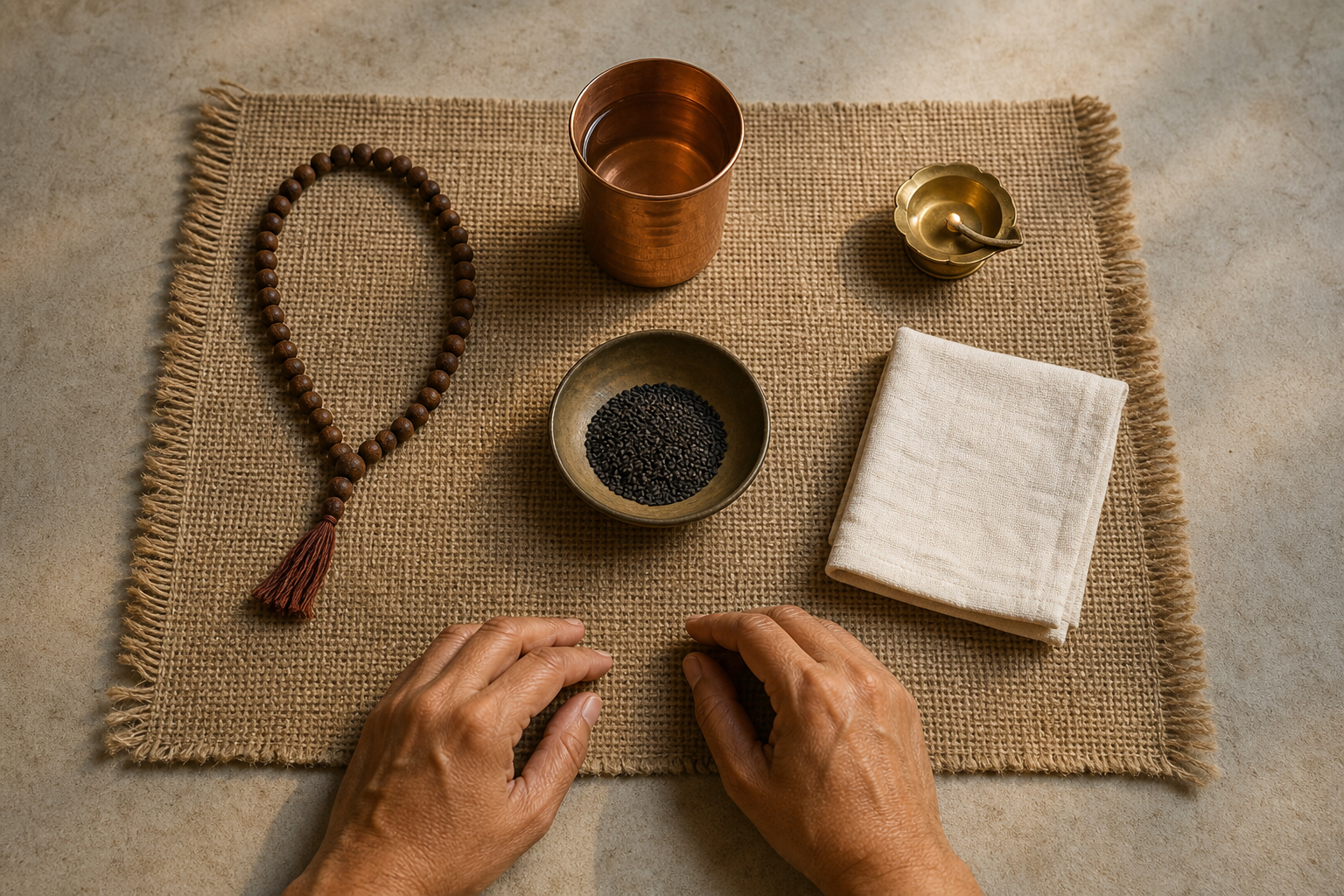 A modest observance kit of prayer beads, water, black sesame seeds, a folded cloth, and a brass lamp is arranged on a woven mat before a practitioner's hands.