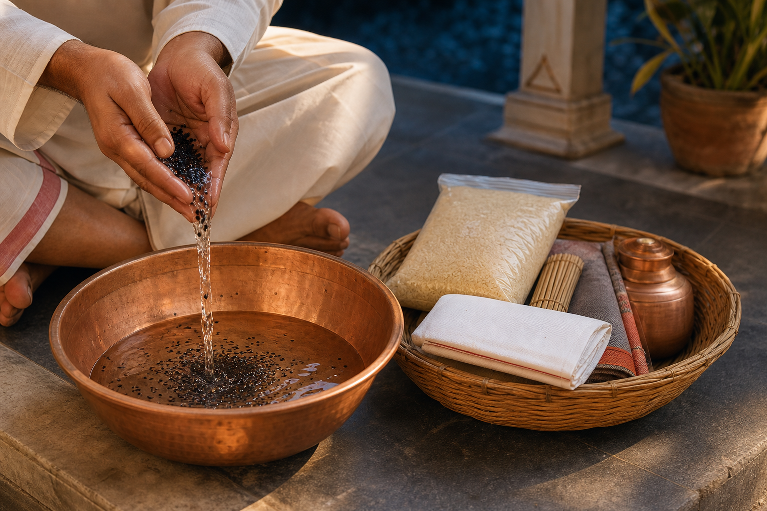 A practitioner pours sesame-mixed water into a copper basin beside a basket holding grain, folded cloth, and other practical donations.