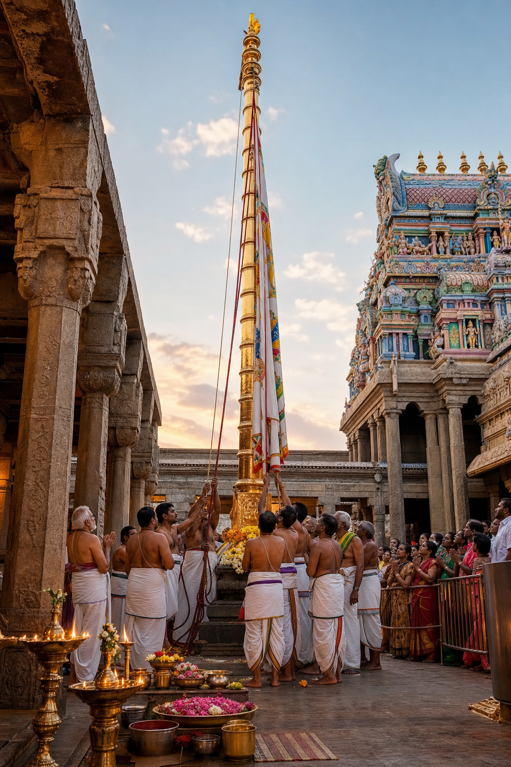 Temple priests and devotees gather around a tall ceremonial flagstaff during a dawn flag-hoisting ritual.