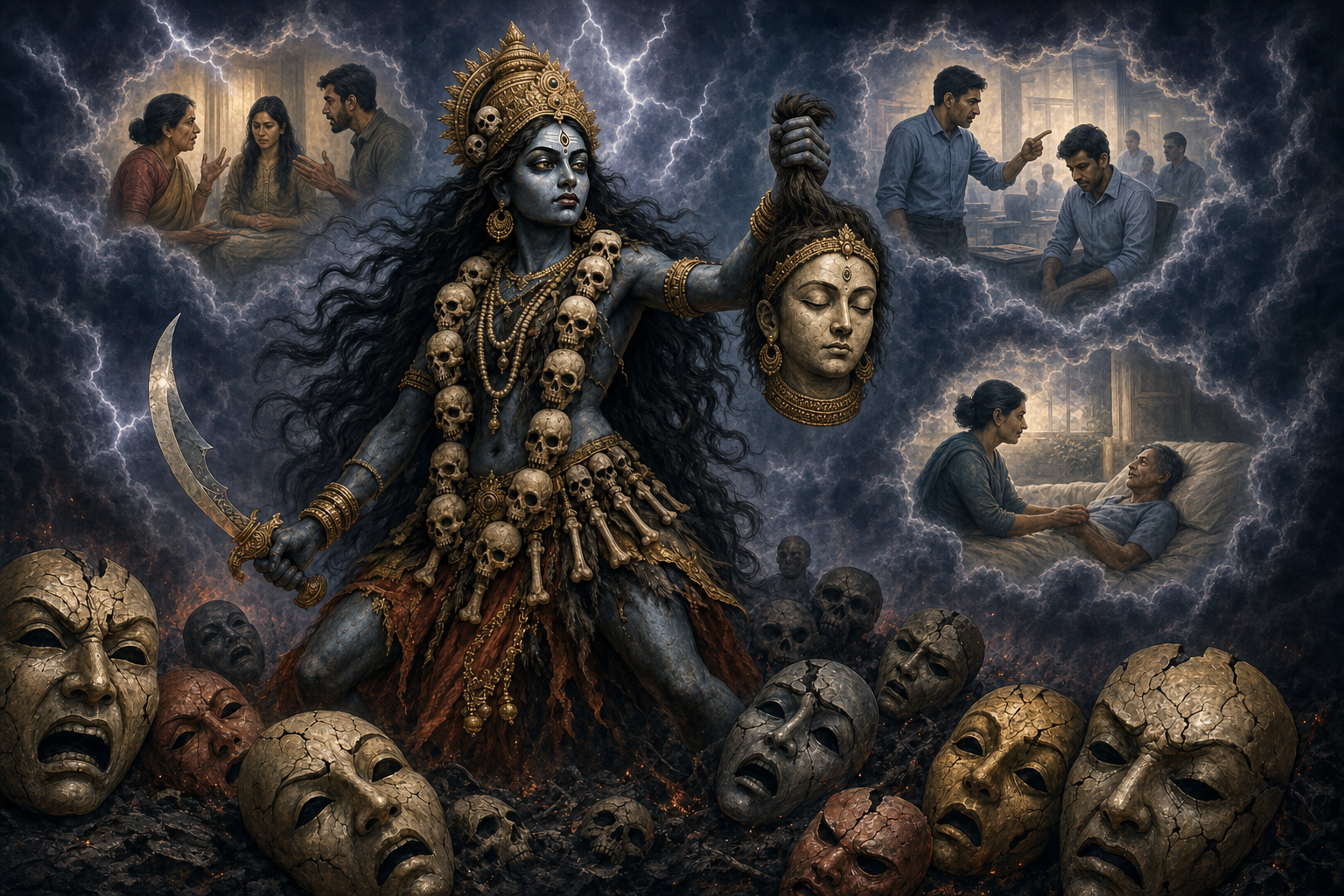Chamunda stands beneath a stormy sky holding a symbolic severed head while cracked expressive masks and scenes of everyday conflict surround her.