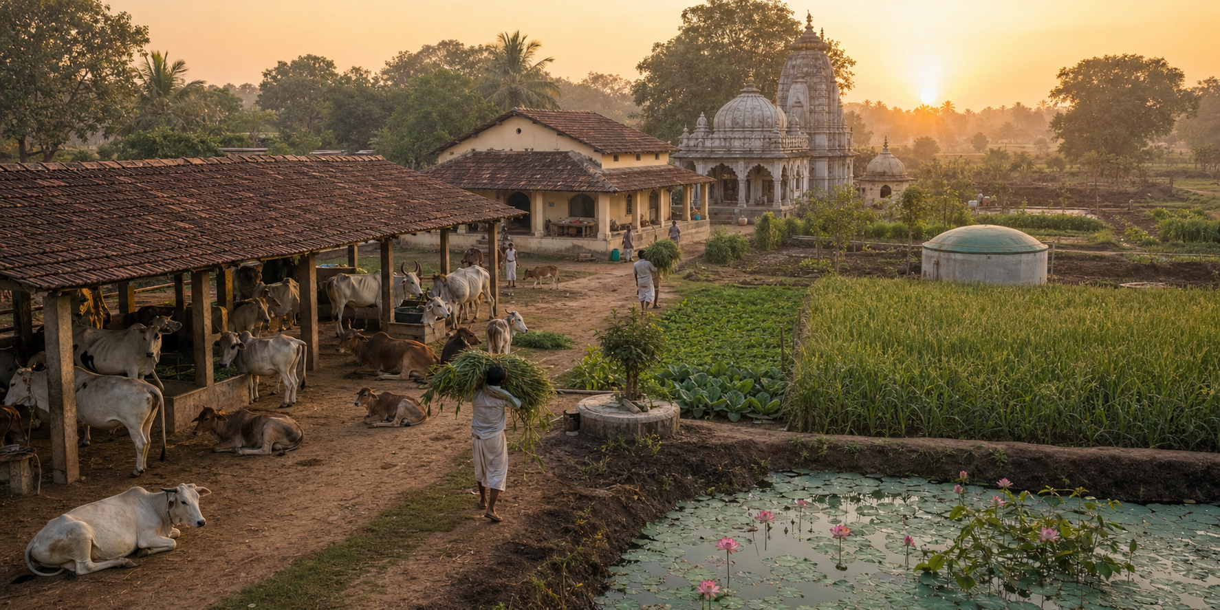 An integrated Indian temple farm with protected cattle, fodder and food crops, a water reservoir, composting facilities, a biogas unit and a temple complex.