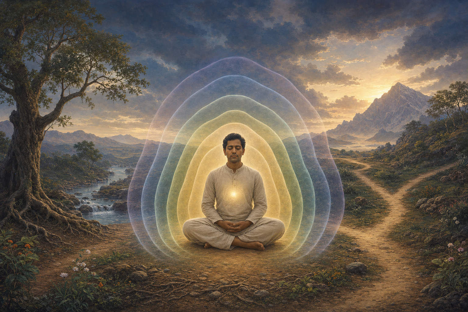 A meditating person surrounded by translucent layers of light as a path branches through a dawn landscape.