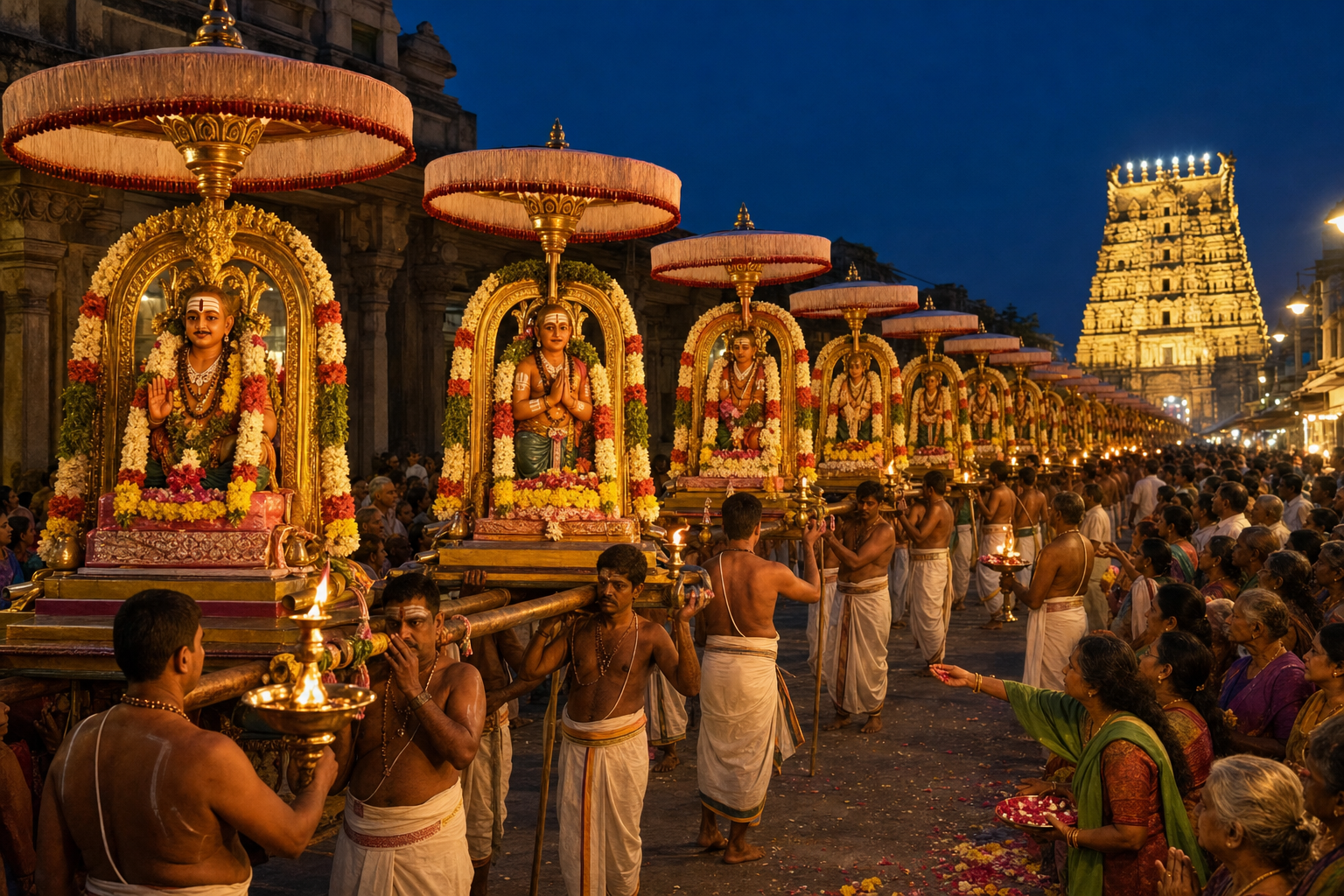 Flower-decorated palanquins bearing Shaiva saint icons proceed along a Mylapore street by lamplight as devotees watch.