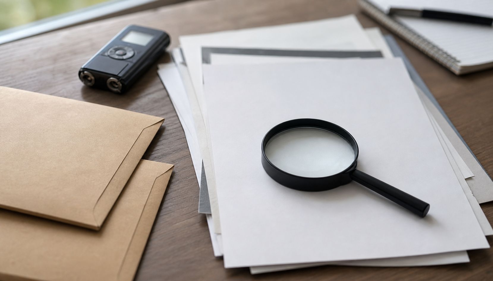 Blank documents, an audio recorder, folders, and a magnifying glass are arranged on a reporter's desk.