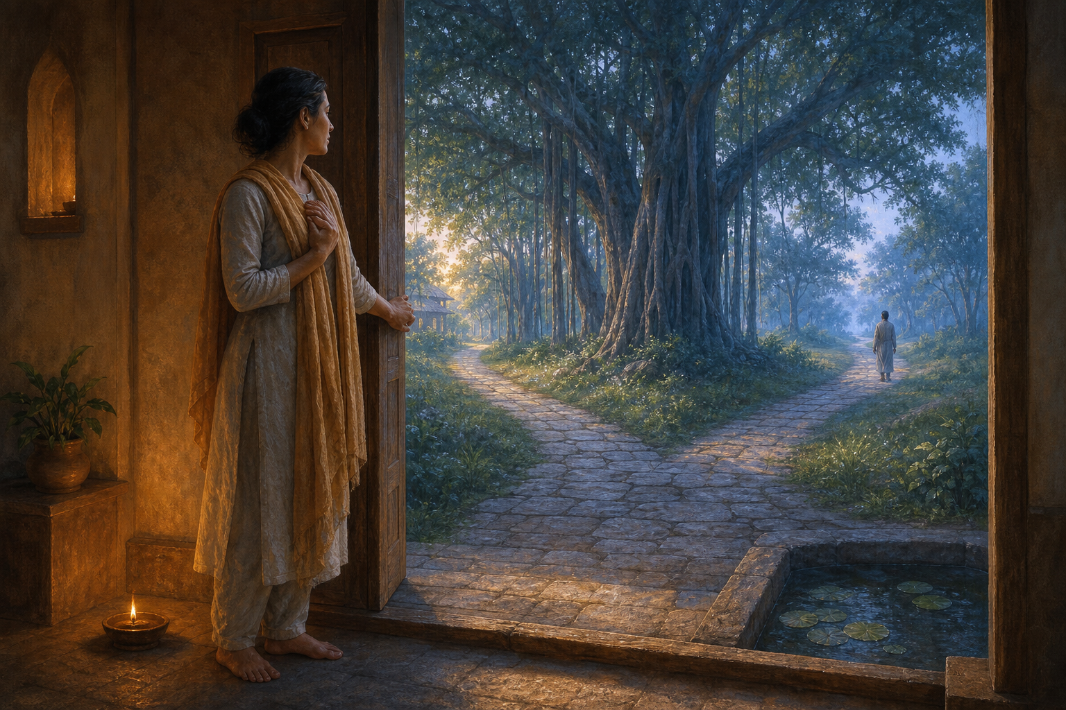 An adult stands at a partly open doorway with one hand over the heart as a path divides through a dawn-lit banyan grove outside.