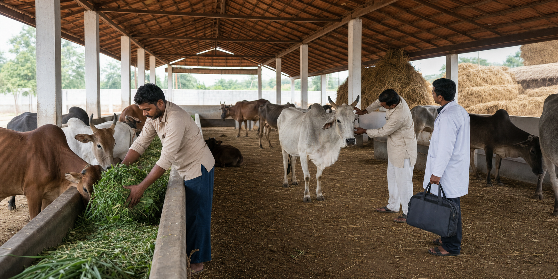 Caretakers and a veterinarian attend cattle of different ages in a clean cowshed supplied with fresh fodder, water, shade and dry bedding.