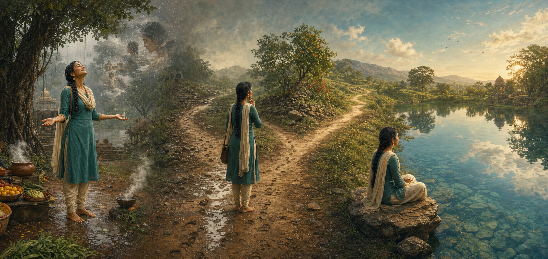 One landscape shows embodied experience, a person choosing between two paths, and a seated figure beside a still reflective lake.