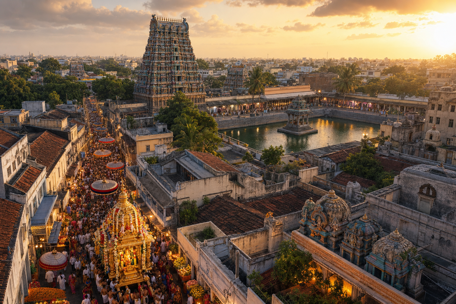 An elevated view shows a temple procession moving through Mylapore streets near the Kapaleeswarar Temple gopuram and temple tank.