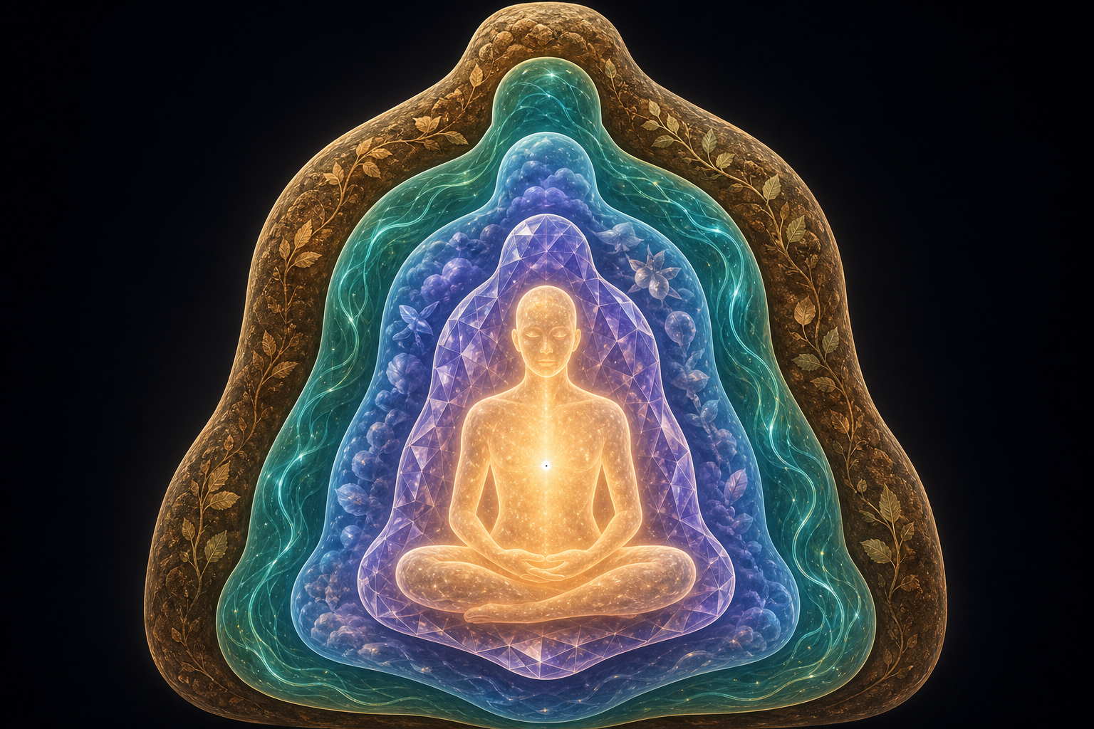 A seated figure is surrounded by five nested translucent layers with earthy, flowing, cloudlike, crystalline, and luminous textures.