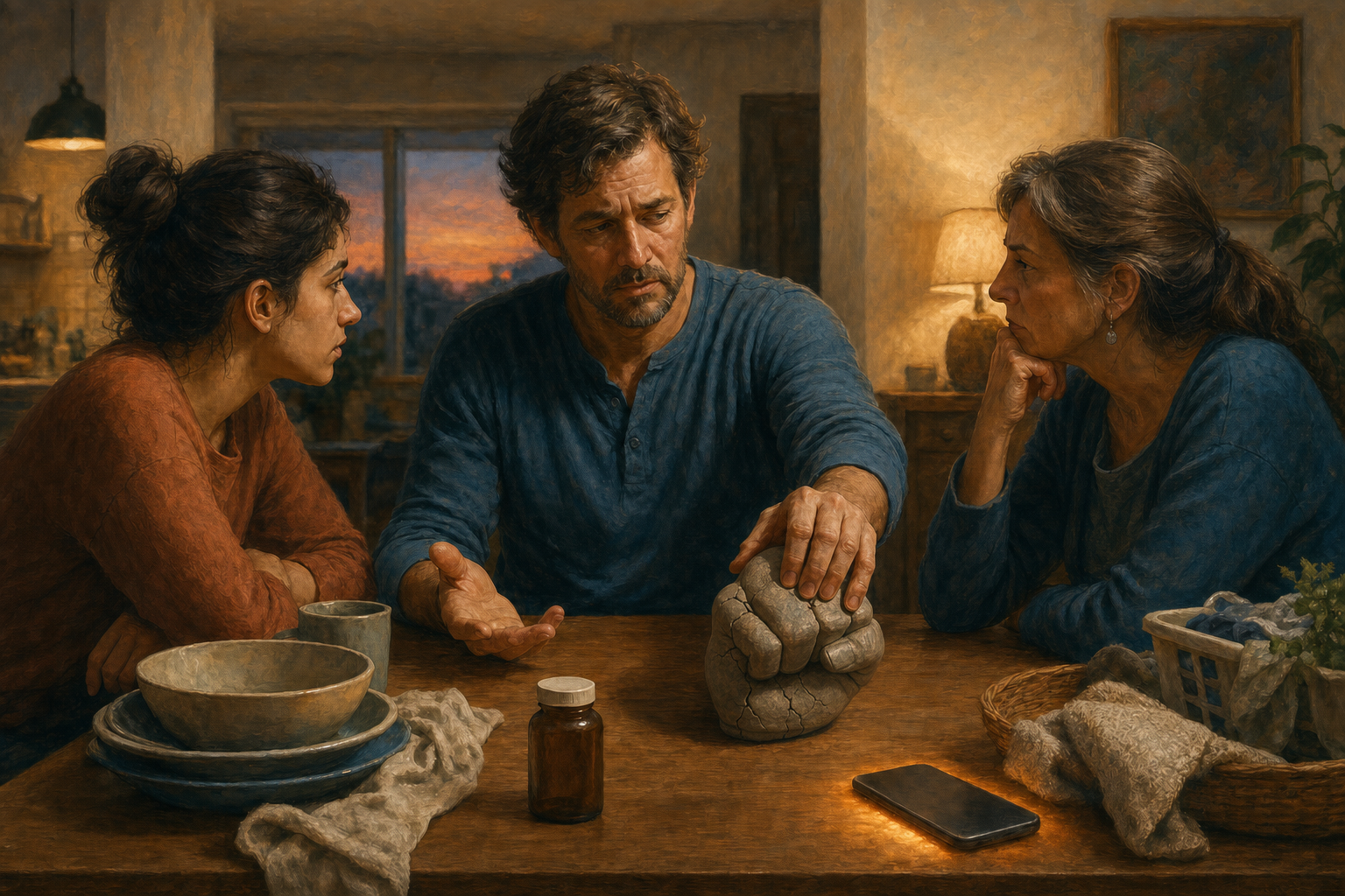 An adult listens to difficult feedback at a family table while setting down a cracked clenched-fist mask beside everyday responsibilities.