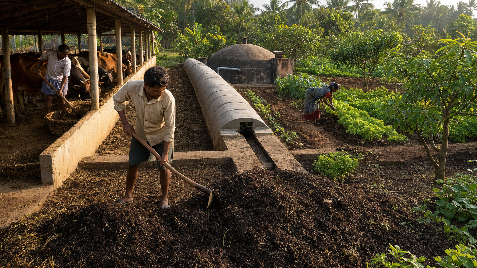 A farm worker manages cattle-dung compost beside a cowshed and small biogas digester, with finished compost being applied to vegetable beds and fruit trees.