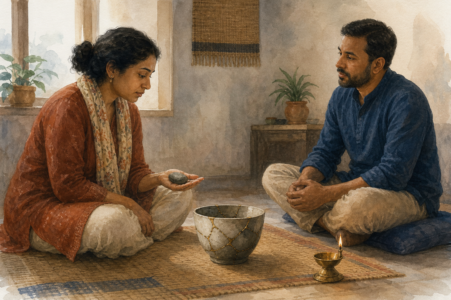 An adult and a supportive companion sit apart in a quiet room beside a visibly repaired ceramic bowl.