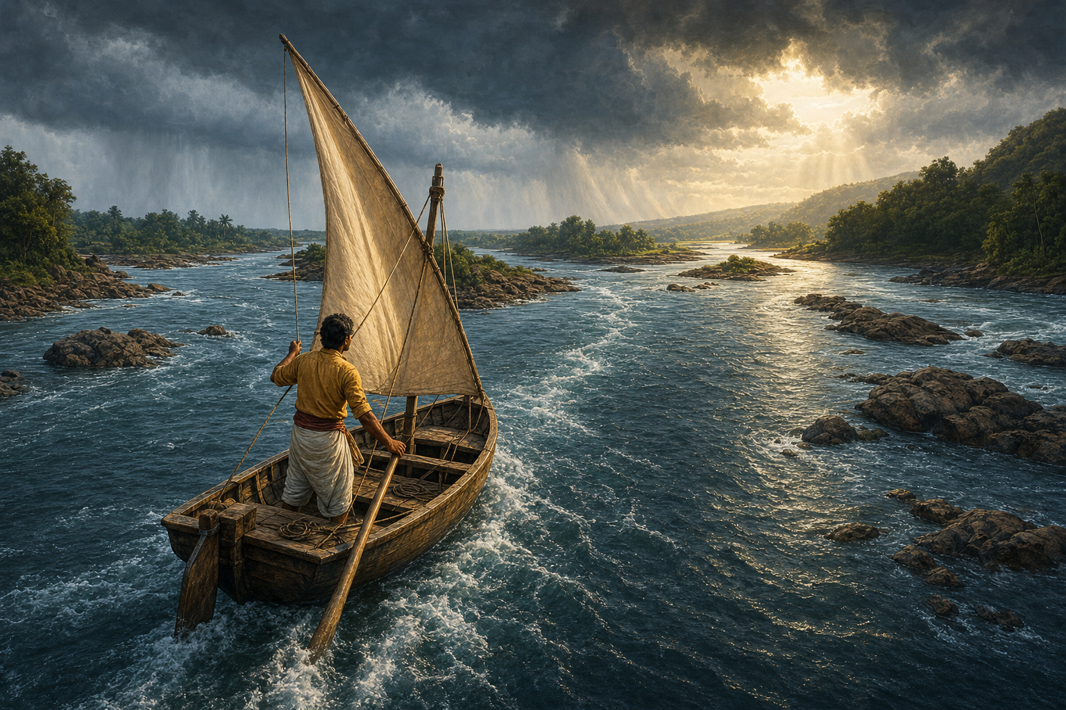 A traveler steers a sailboat through a strong river current between rocks toward several open channels.