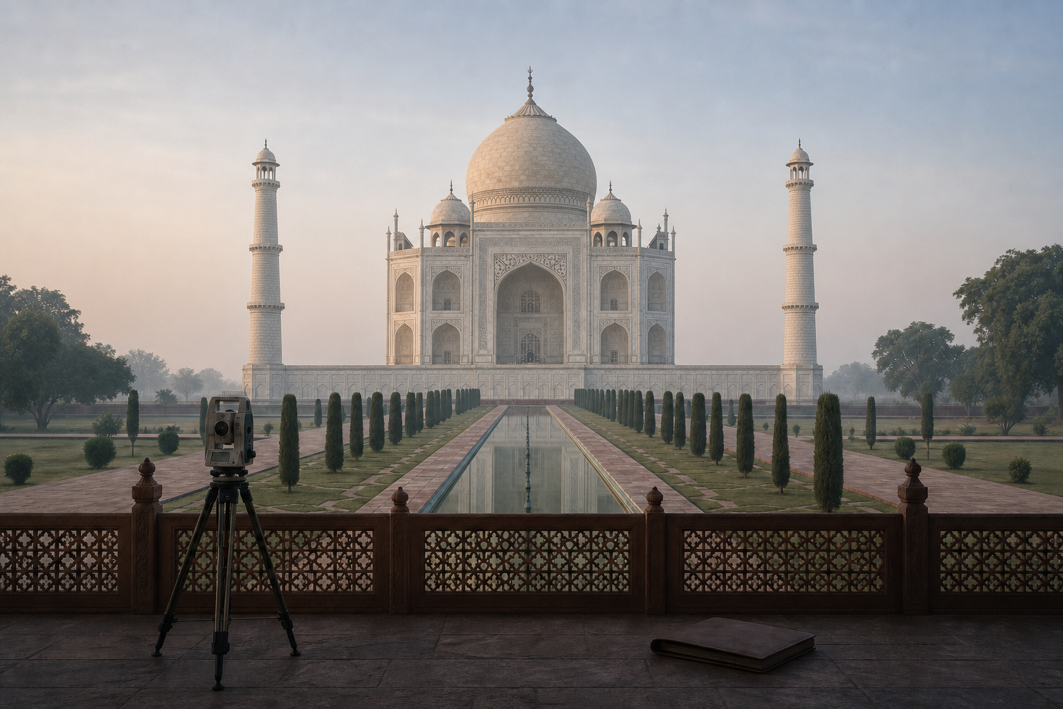 The Taj Mahal at dawn with a surveying instrument, conservation barrier, and closed document folder in the foreground.