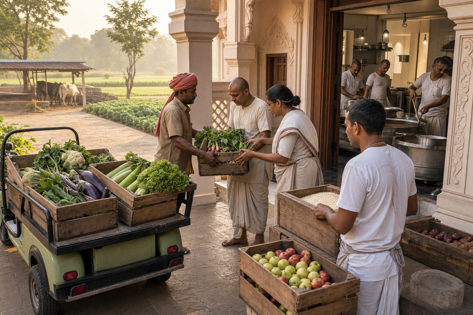 Farmers deliver crates of vegetables, grains and fruit to temple kitchen workers while cooks prepare a vegetarian meal inside.