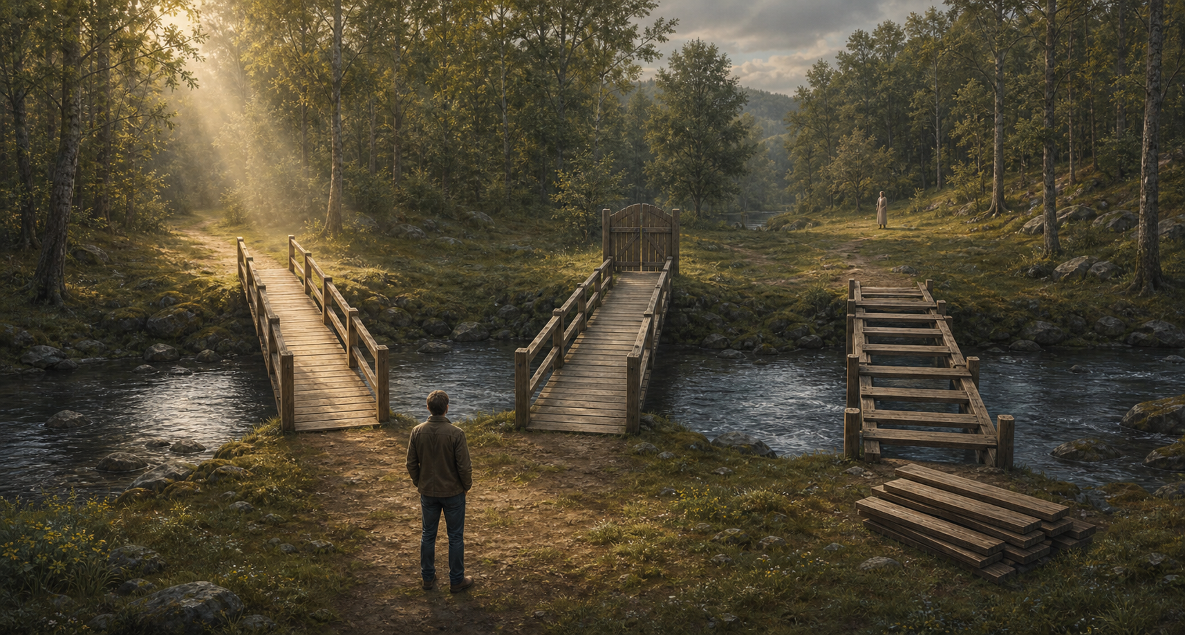 An adult pauses beside three separate forest footbridges, including one with a gate and one that is unfinished, while another person waits in the distance.