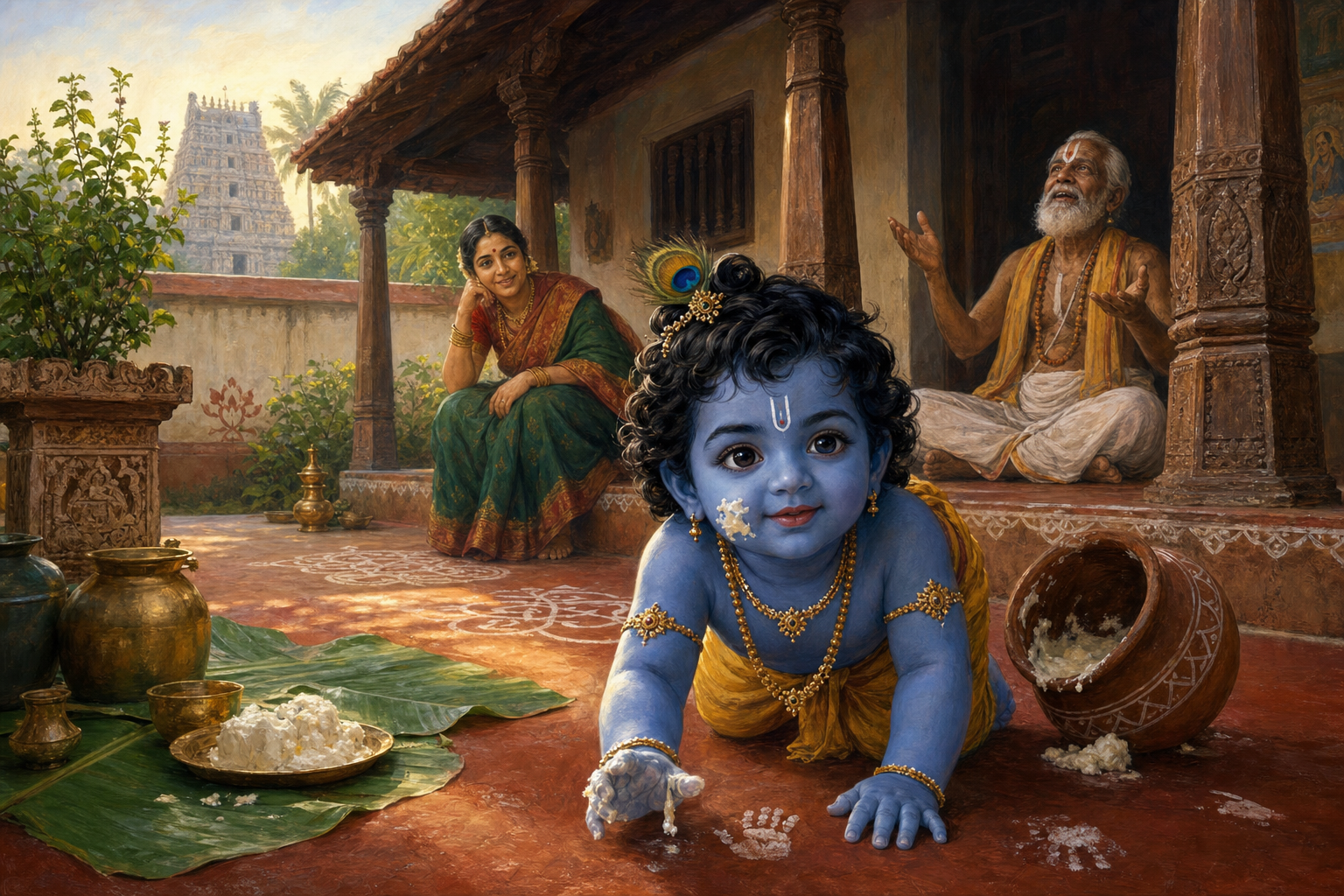 Butter-smeared toddler Krishna crawls across a Tamil household courtyard as Yashoda watches protectively and an elderly Vaishnava devotee sings nearby.