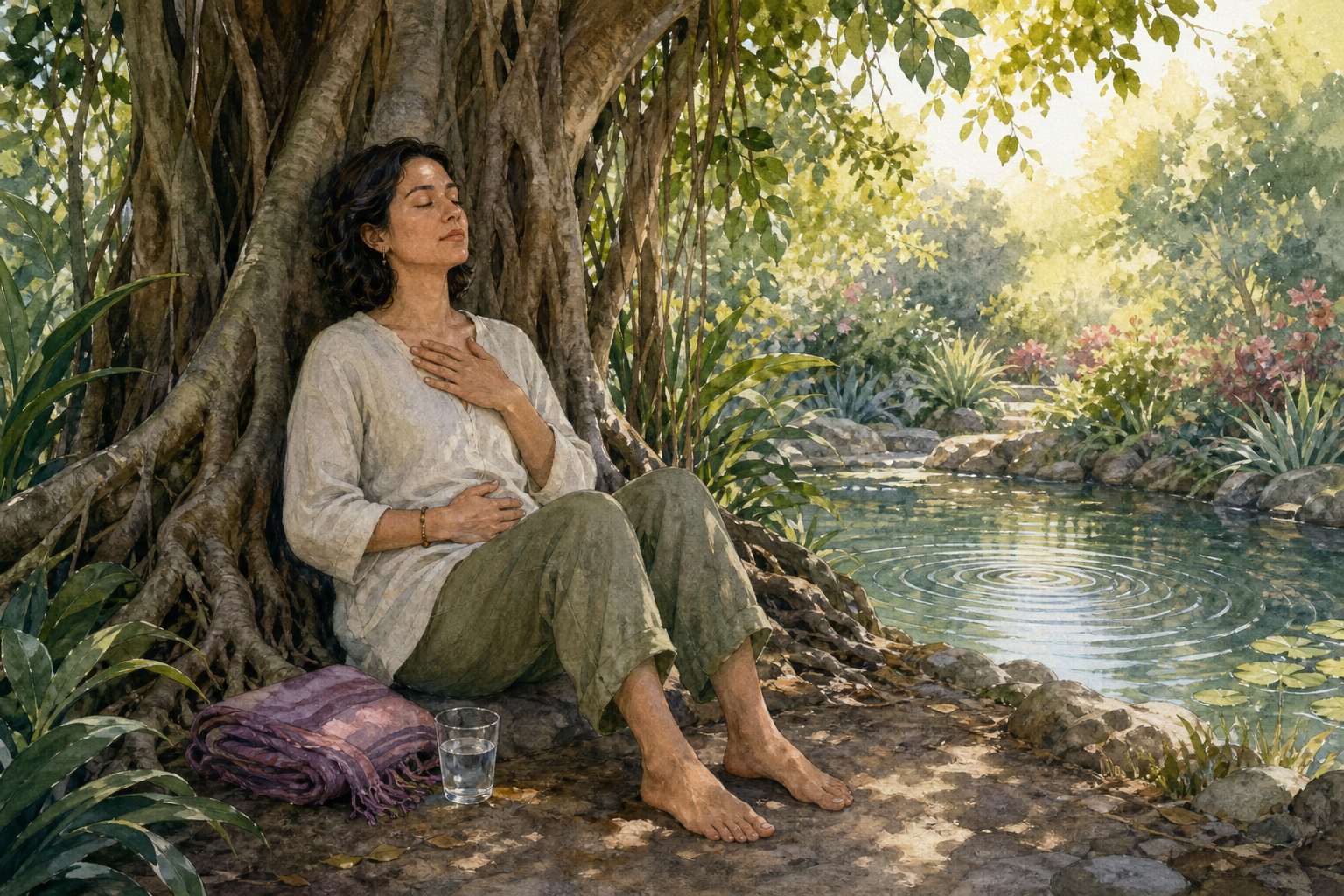 An adult sits against a banyan tree with feet grounded and hands on the chest and abdomen beside a rippling pond.
