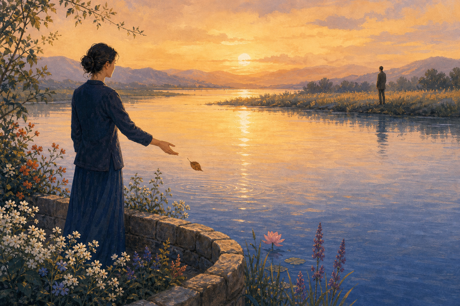 An adult releases a dry leaf onto a calm river while another person remains on the distant opposite bank.