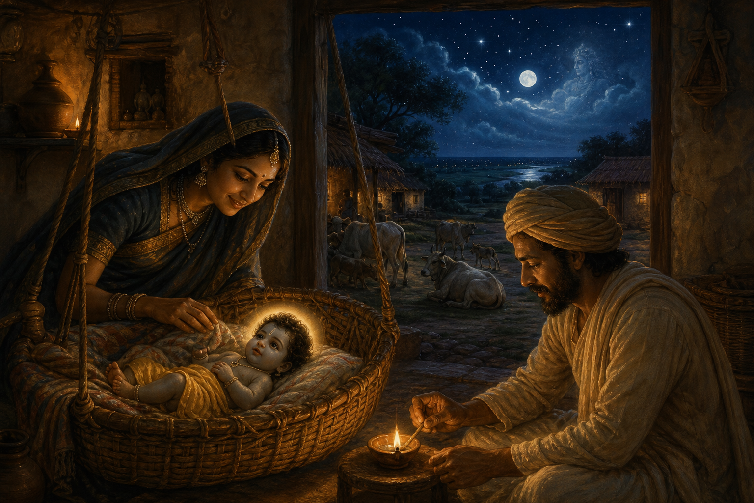 Yashoda and Nanda attend infant Krishna in a lamplit cradle while cattle and village homes lie under the moon outside.