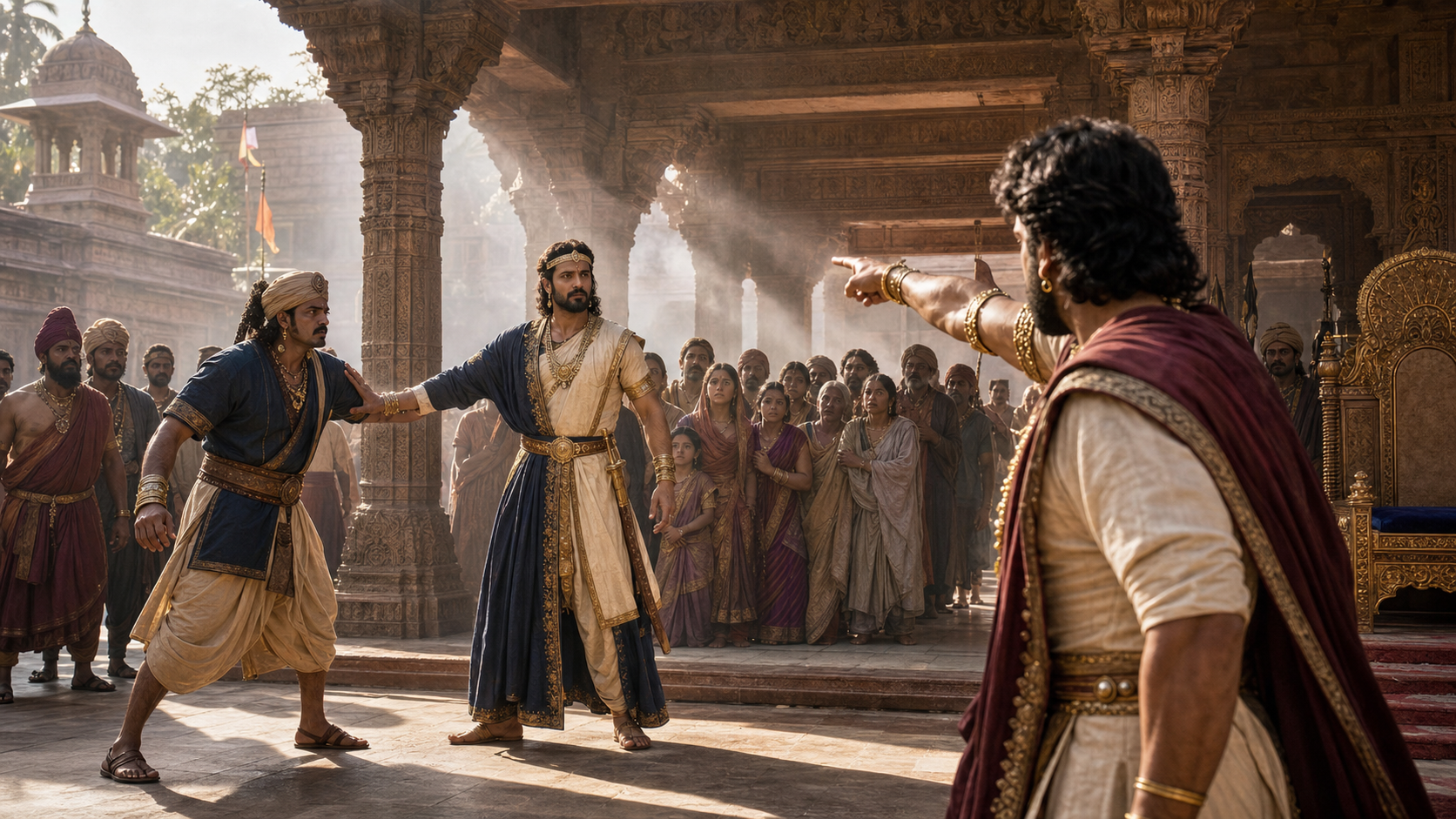 A calm ancient Indian ruler holds back a guard while facing an angry challenger before ministers and gathered citizens in a palace courtyard.