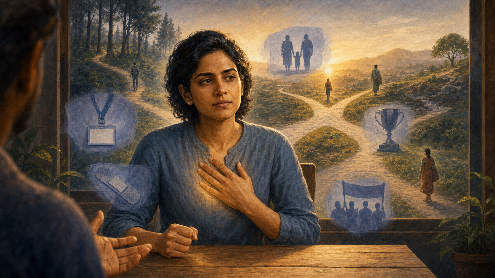 A person pauses during a tense conversation as translucent images of roles, wounds, and achievements hover around them and four separate paths cross the landscape behind.