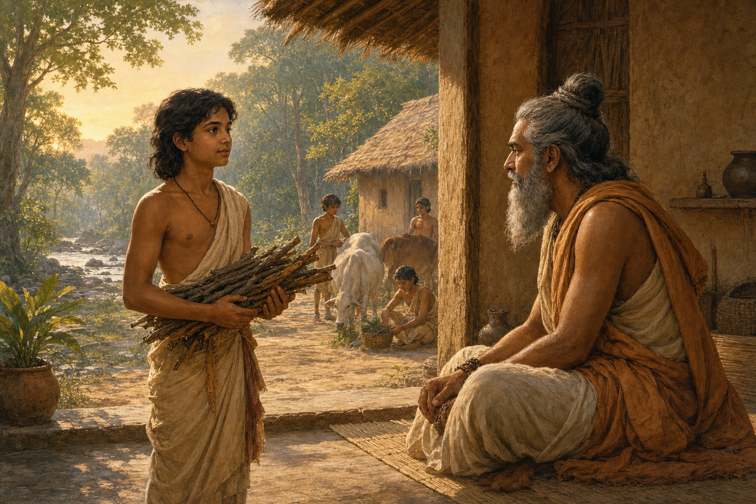 An adolescent seeker holding firewood speaks with an elder teacher at the entrance to a forest hermitage while other students work in the background.
