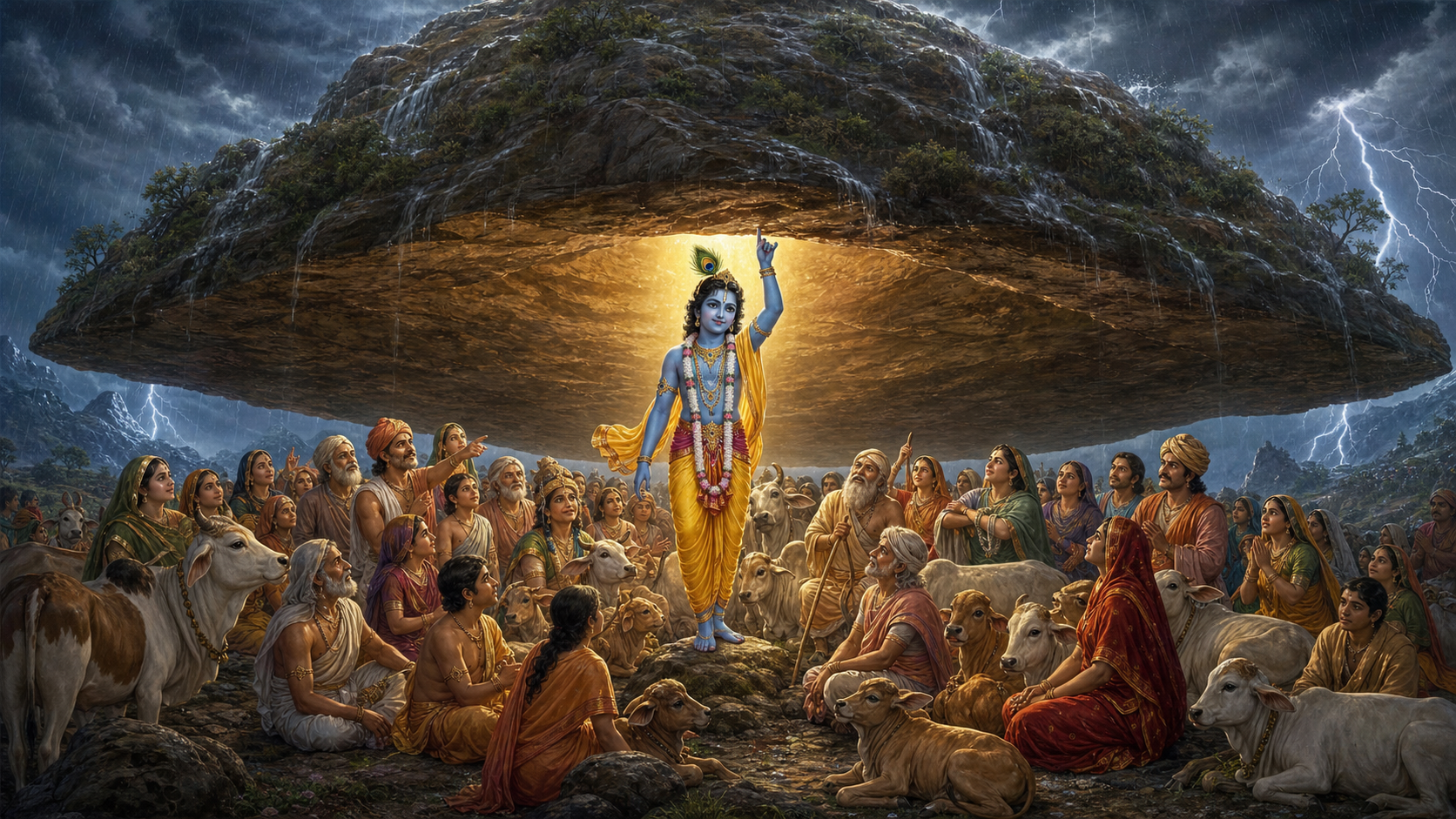 Krishna holds Govardhan Hill above villagers and cattle sheltering from a monsoon storm.